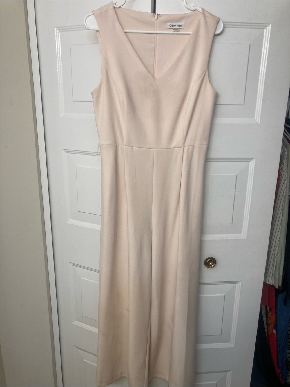 Calvin Klein Light Cream V-Neck Sleeveless Wide-Leg Jumpsuit